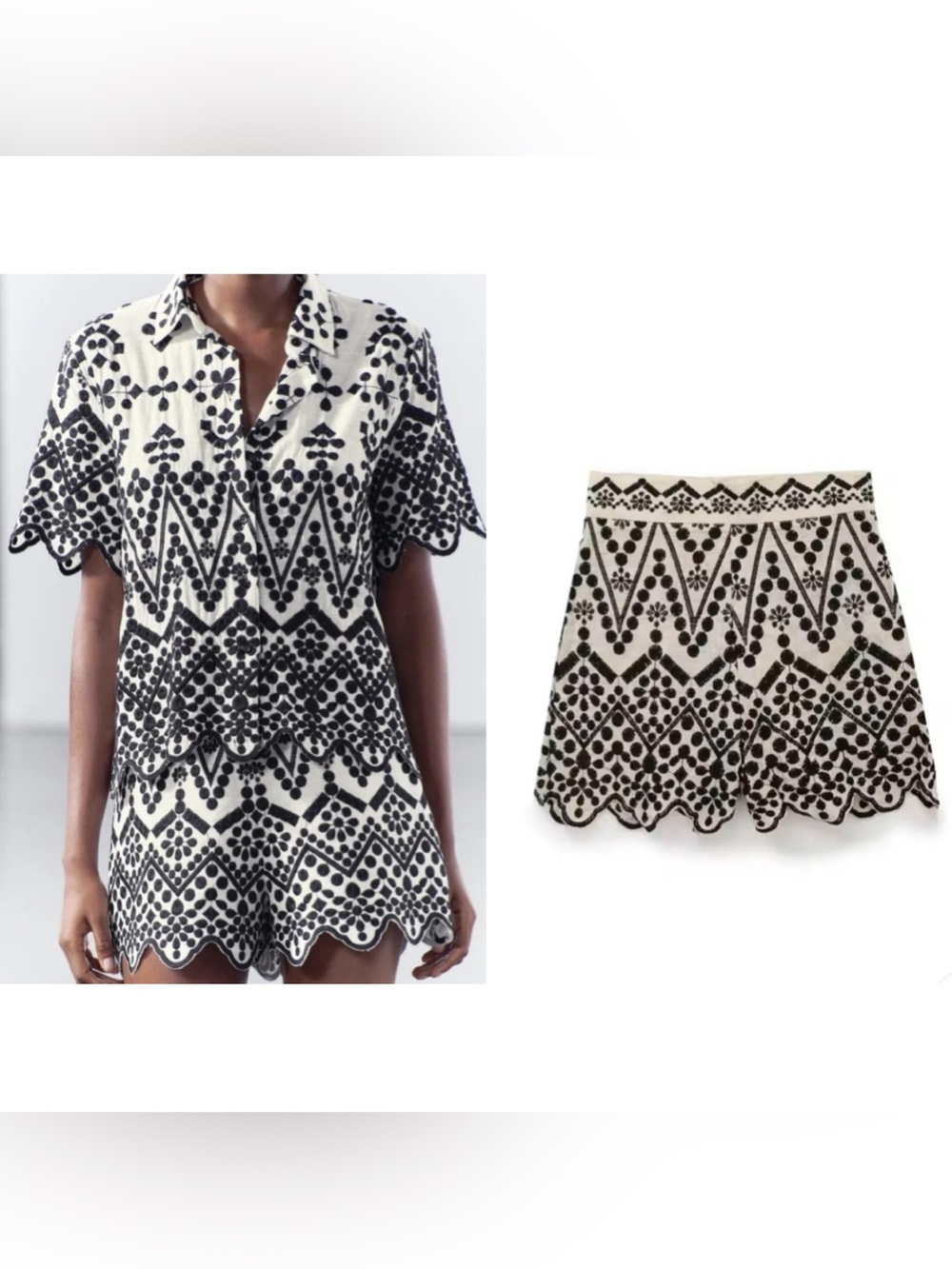 Zara Contrast Embroidered Shorts ZW Collection Scalloped